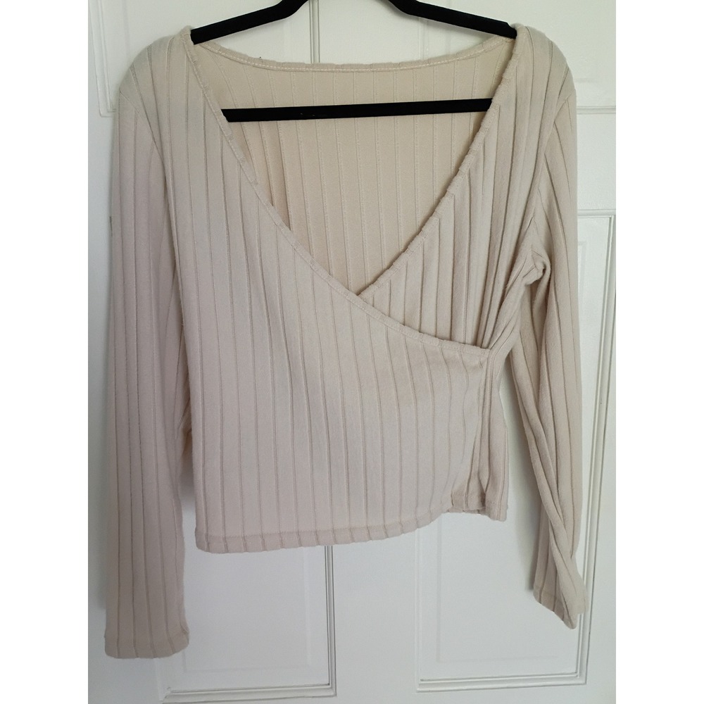 Cream Ribbed Faux Wrap Long Sleeve Top V-Neck Beige Cropped Shirt Large